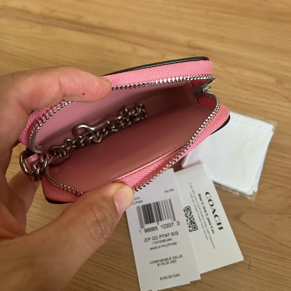 Coach Pink Signature Card Holder with Silver Chain and Heart Charm - Picture 9 of 9